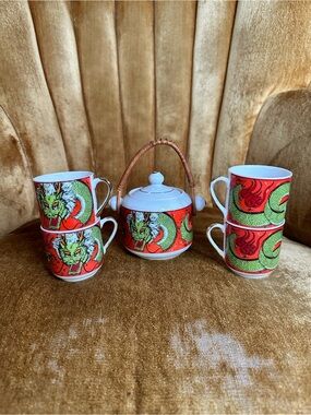Vintage Red Dragon Lot 4 Teacups & Covered Sugar Bowl Green Dragon